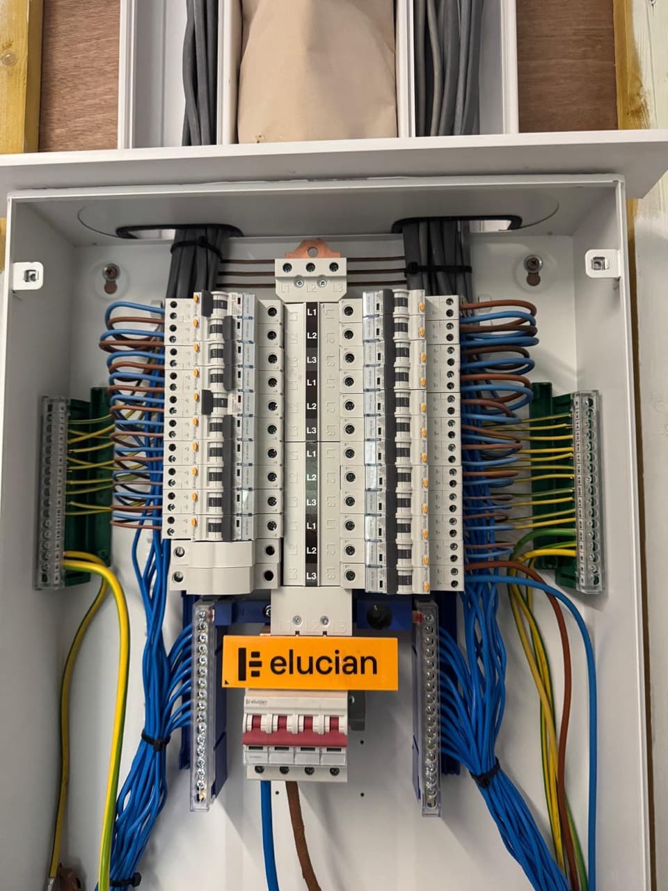 Three-phase commercial distribution board neatly wired across L1, L2 and L3 with looped cabling